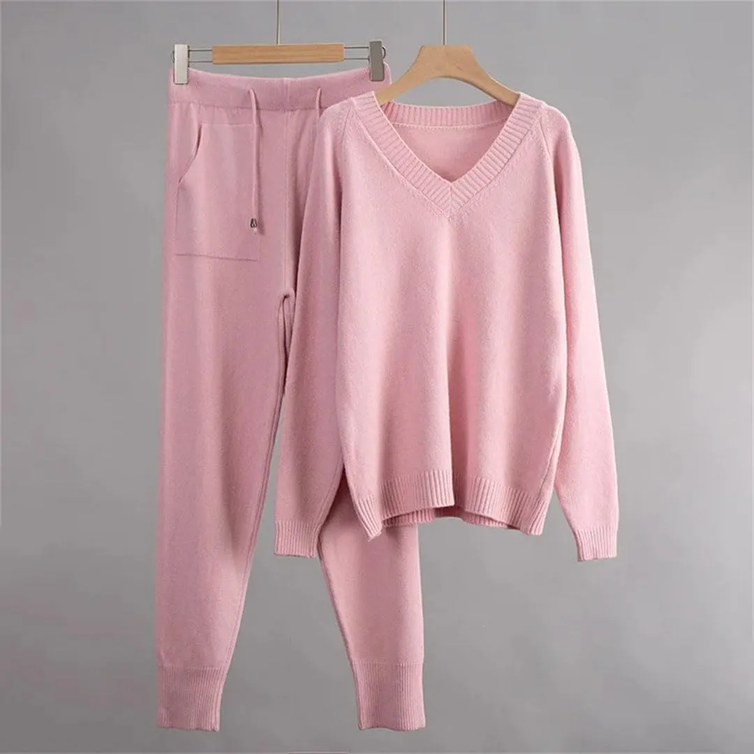 Cashmere Knitted Sets Women Loose V Neck Sweater Pant 2 Pieces Outfit Tracksuits Harem Pants