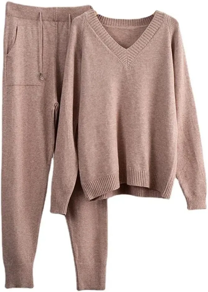 Cashmere Knitted Sets Women Loose V Neck Sweater Pant 2 Pieces Outfit Tracksuits Harem Pants