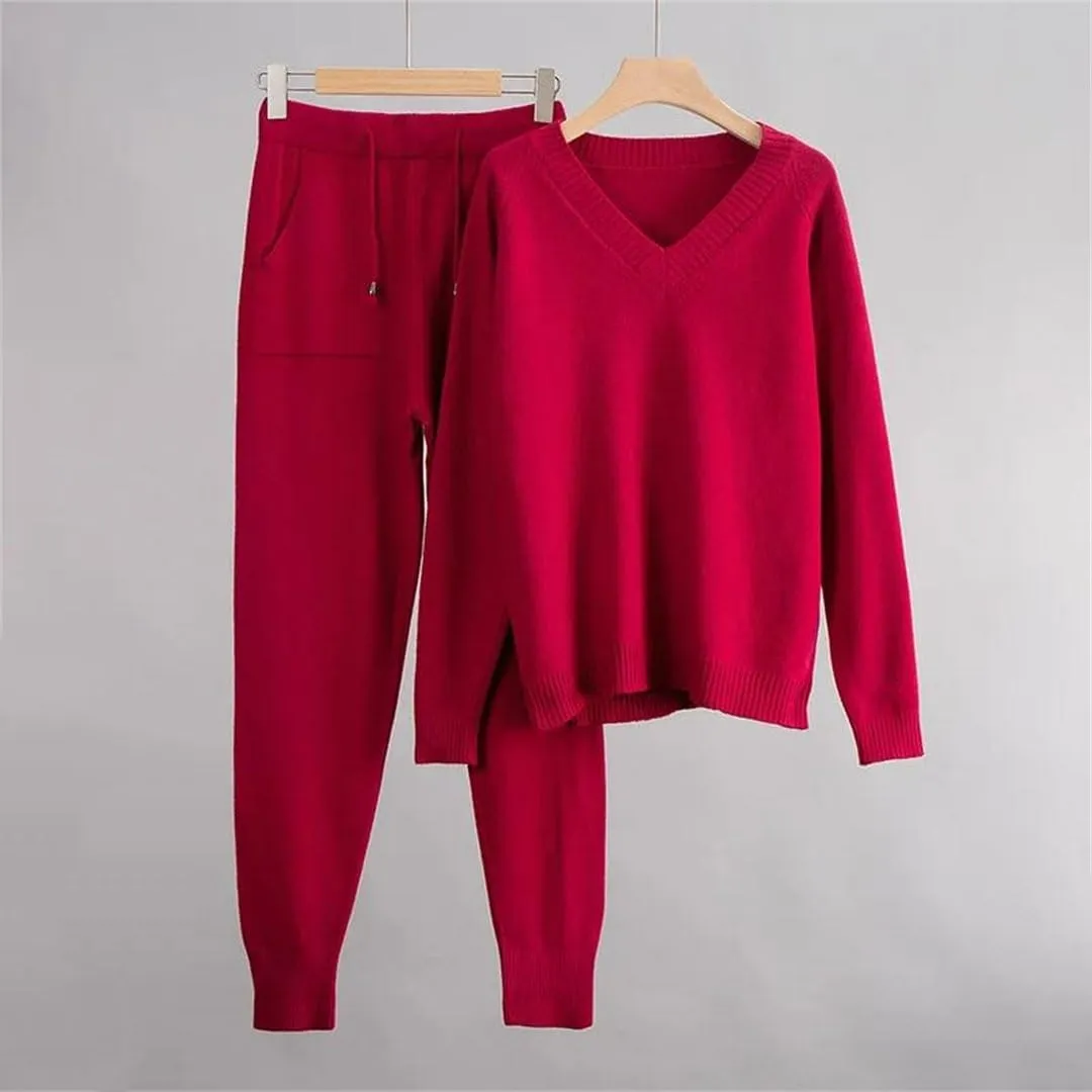Cashmere Knitted Sets Women Loose V Neck Sweater Pant 2 Pieces Outfit Tracksuits Harem Pants