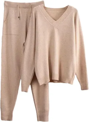 Cashmere Knitted Sets Women Loose V Neck Sweater Pant 2 Pieces Outfit Tracksuits Harem Pants
