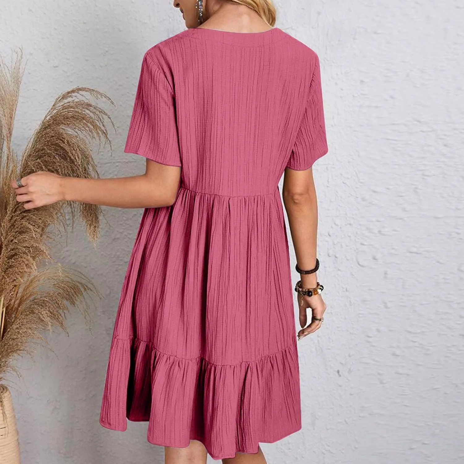 Cbcbtwo Summer Dresses for Women 2025 Casual Loose Fit V Neck Dress Short Sleeve Solid Flowy Sundress Vacation Midi Dress