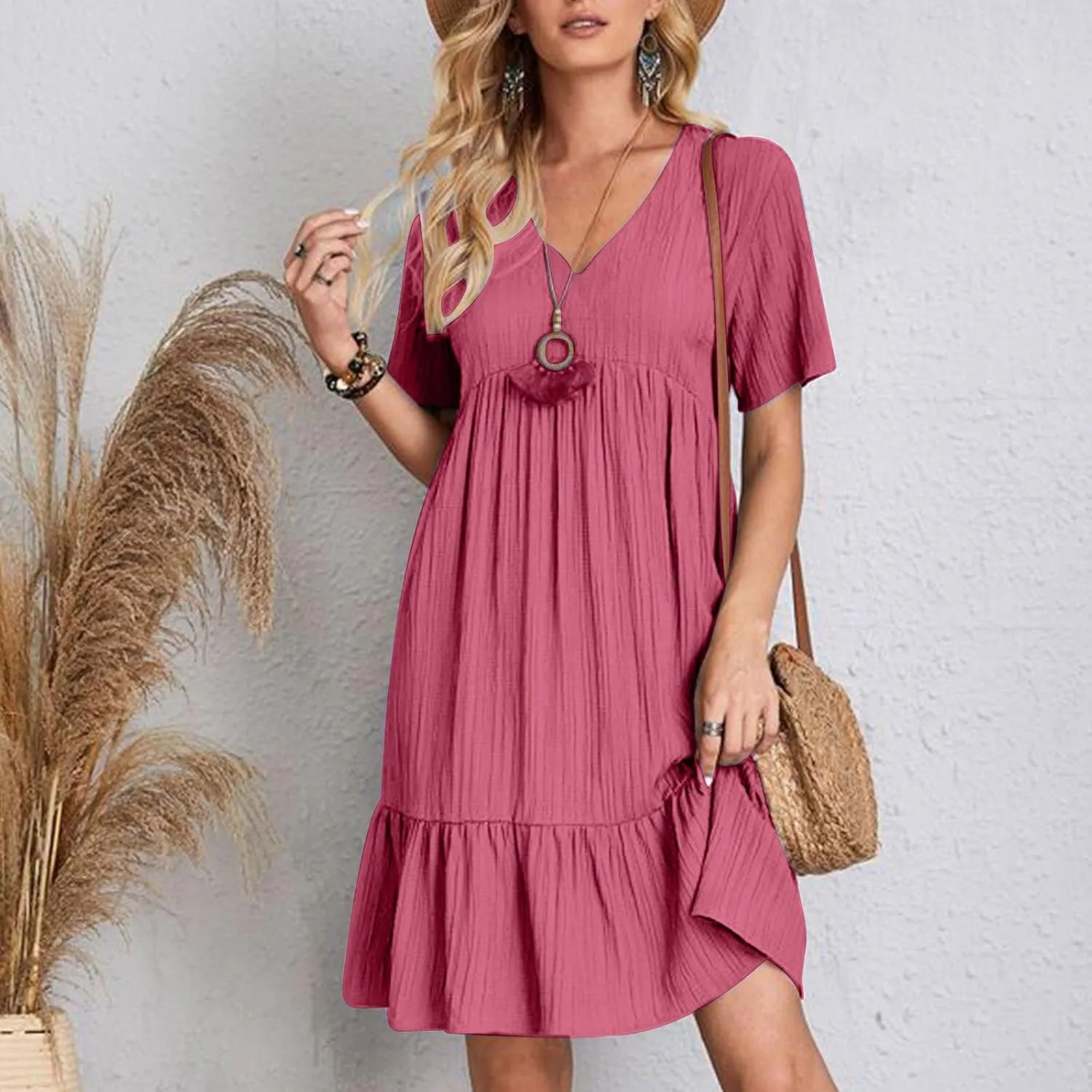 Cbcbtwo Summer Dresses for Women 2025 Casual Loose Fit V Neck Dress Short Sleeve Solid Flowy Sundress Vacation Midi Dress