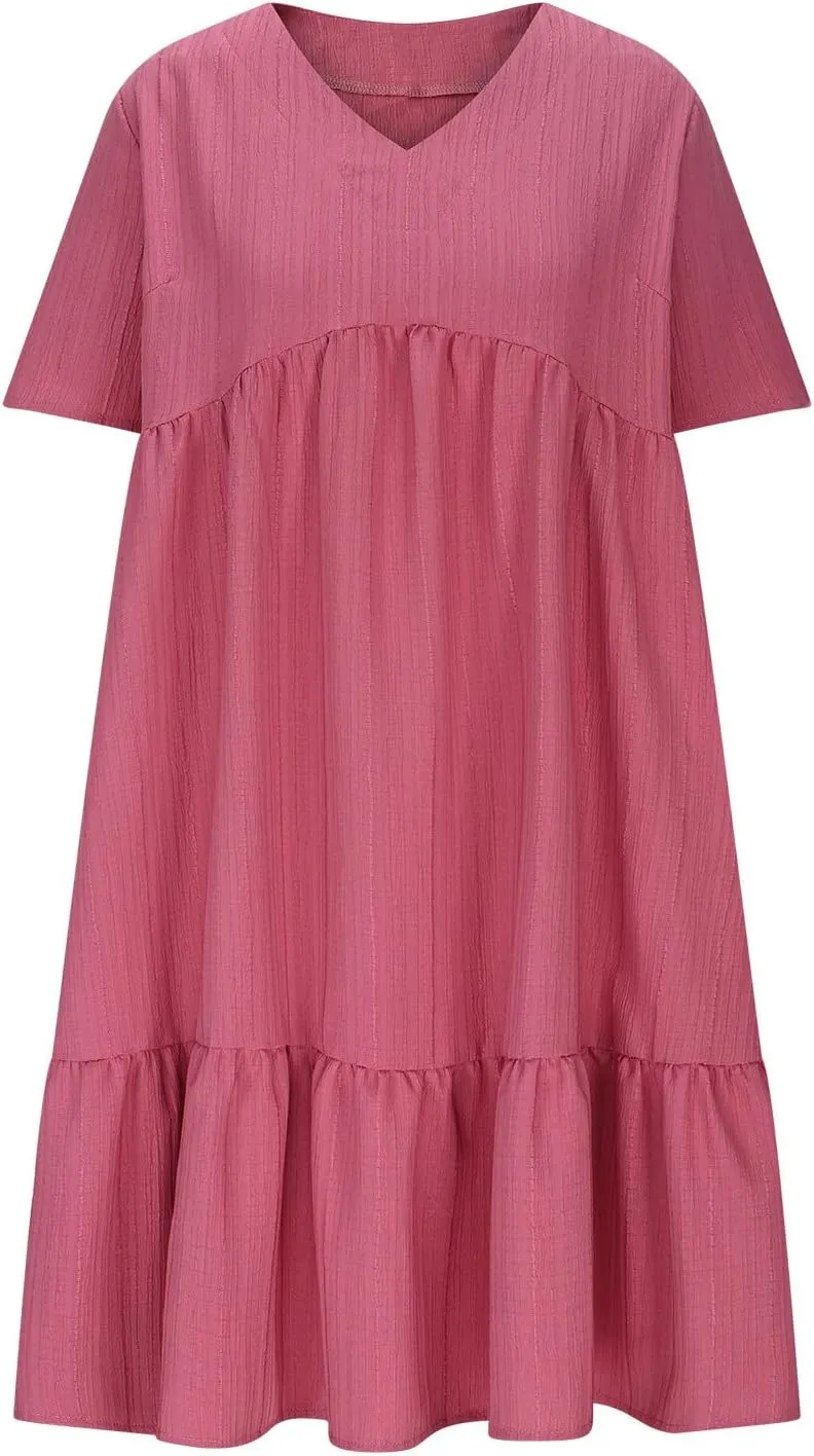 Cbcbtwo Summer Dresses for Women 2025 Casual Loose Fit V Neck Dress Short Sleeve Solid Flowy Sundress Vacation Midi Dress