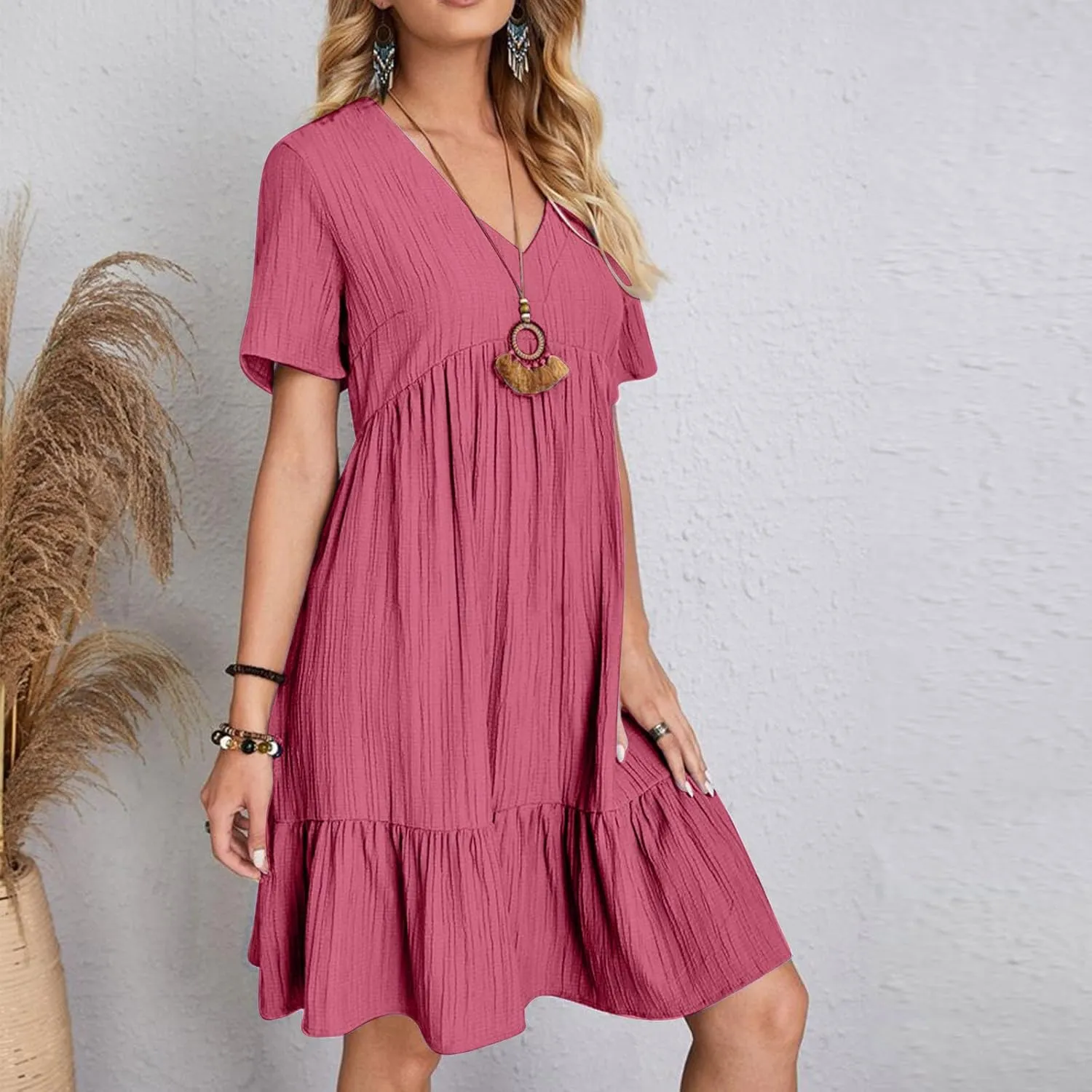 Cbcbtwo Summer Dresses for Women 2025 Casual Loose Fit V Neck Dress Short Sleeve Solid Flowy Sundress Vacation Midi Dress