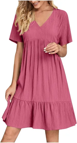 Cbcbtwo Summer Dresses for Women 2025 Casual Loose Fit V Neck Dress Short Sleeve Solid Flowy Sundress Vacation Midi Dress