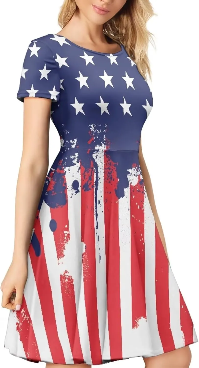chaqlin Women Casual Summer Tunic Dress Short Sleeved Plus Size A-Line Midi Dresses