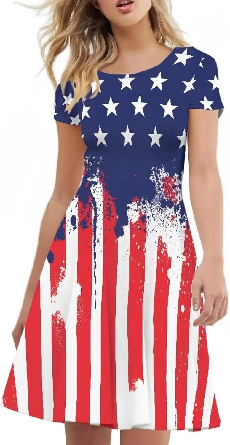 chaqlin Women Casual Summer Tunic Dress Short Sleeved Plus Size A-Line Midi Dresses