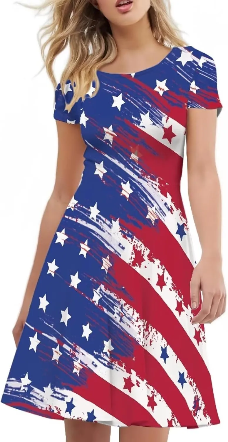 chaqlin Women Casual Summer Tunic Dress Short Sleeved Plus Size A-Line Midi Dresses