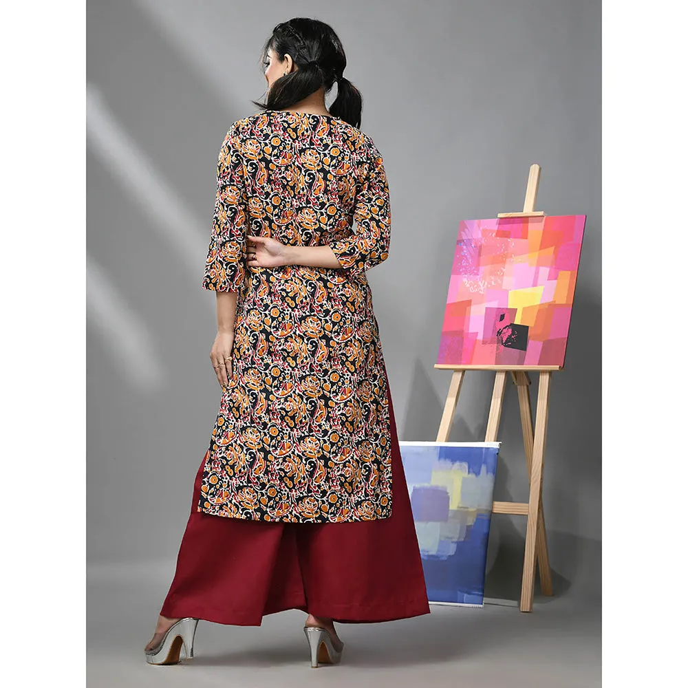 CHARUKRITI Black and Maroon Cotton Paisley Printed Kurta with Palazzo (Set of 2)