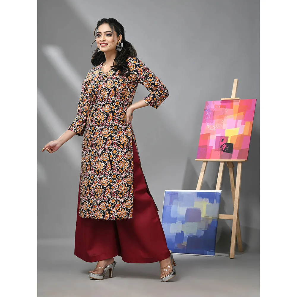 CHARUKRITI Black and Maroon Cotton Paisley Printed Kurta with Palazzo (Set of 2)