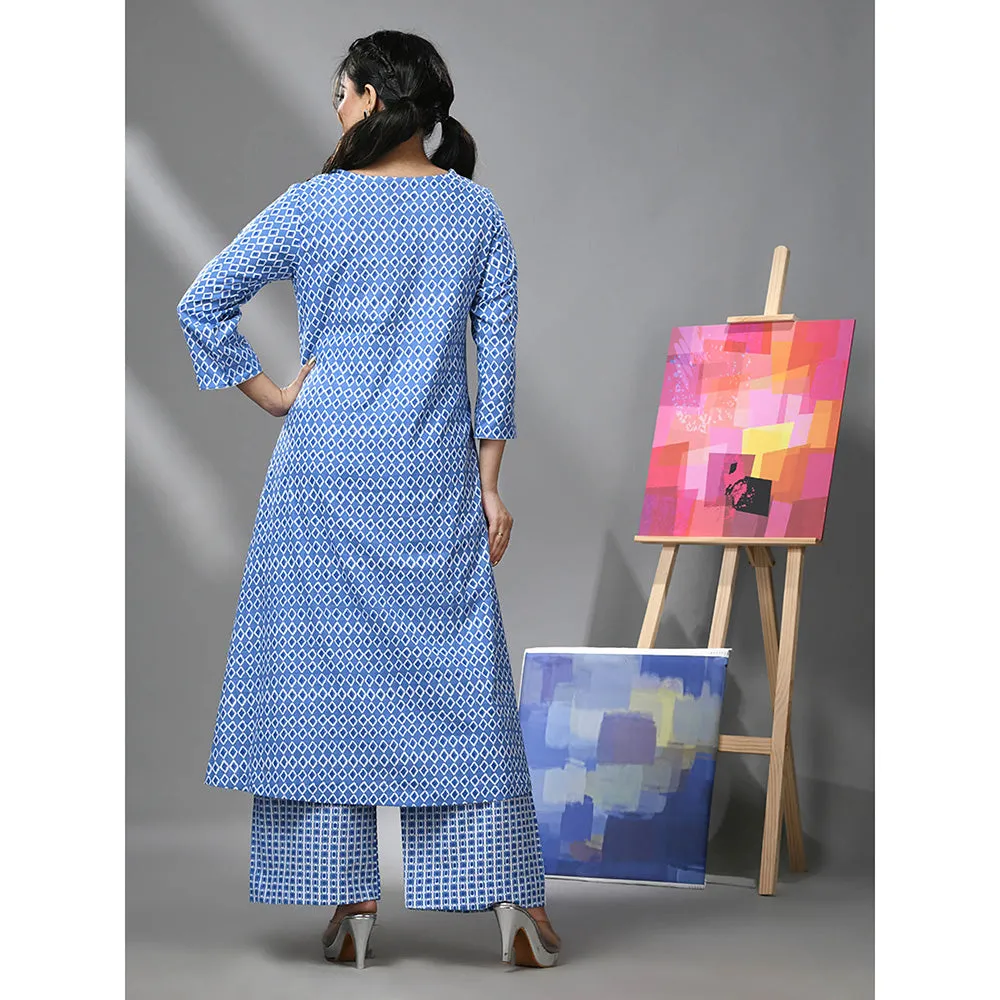 CHARUKRITI Blue Cotton Ethnic Prints Kurta and Palazzo (Set of 2)