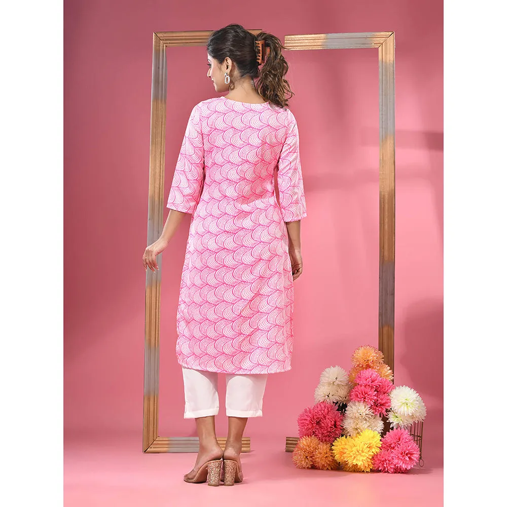 CHARUKRITI Pink Printed Cotton Kurta with Straight Pants (Set of 2)