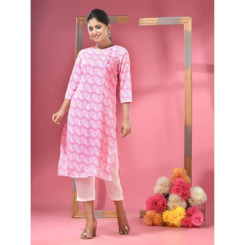 CHARUKRITI Pink Printed Cotton Kurta with Straight Pants (Set of 2)