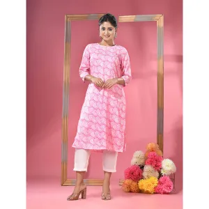 CHARUKRITI Pink Printed Cotton Kurta with Straight Pants (Set of 2)