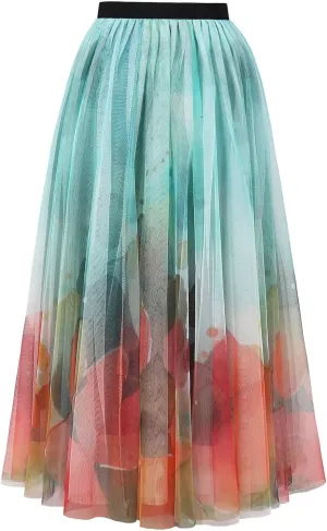 ChicVibes Women's Long Tulle Casual Boho Floral Printed Elastic High Waist Maxi Skirts