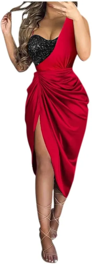 Cocktail Dress for Women,2024 Elegant Sexy Skinny Wedding Guest Dress,Trendy Ruched Slit Irregular Party Dress