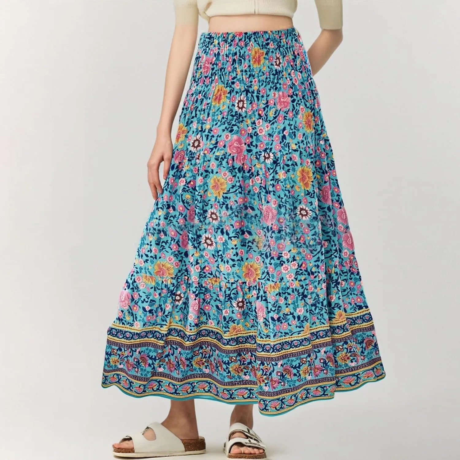 COTECRAM Maxi Skirts for Women 2025 Bohemian Long Skirts Pleated Flowy High Waist Casual A Line Floral Printed Summer Skirt