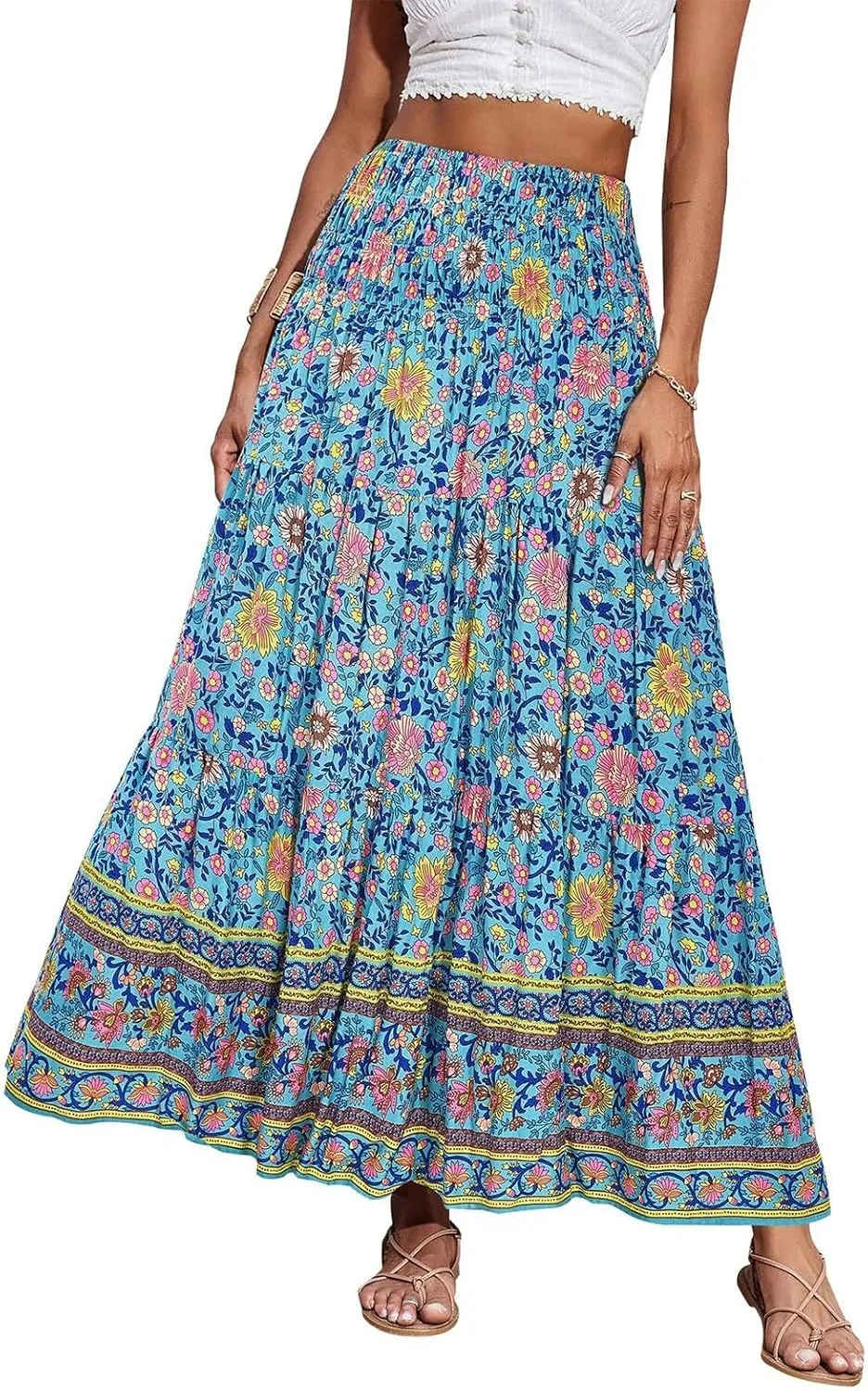 COTECRAM Maxi Skirts for Women 2025 Bohemian Long Skirts Pleated Flowy High Waist Casual A Line Floral Printed Summer Skirt