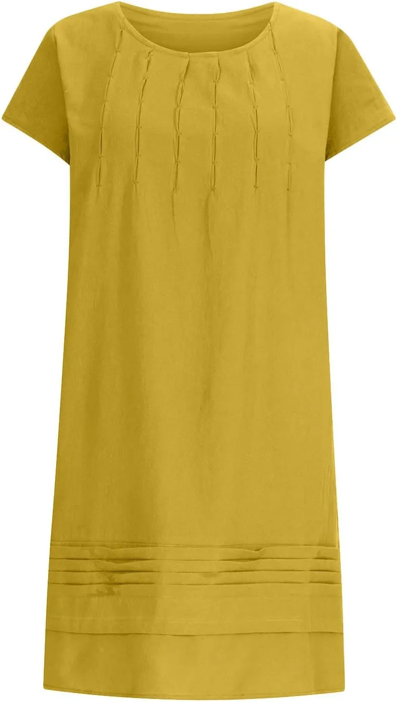Cotton and Linen Dresses for Women Casual Summer 2023 Loose Cap Sleeve Square Neck Comfy Midi t-Shirt Sun Dress