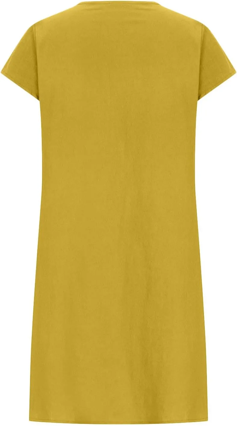 Cotton and Linen Dresses for Women Casual Summer 2023 Loose Cap Sleeve Square Neck Comfy Midi t-Shirt Sun Dress