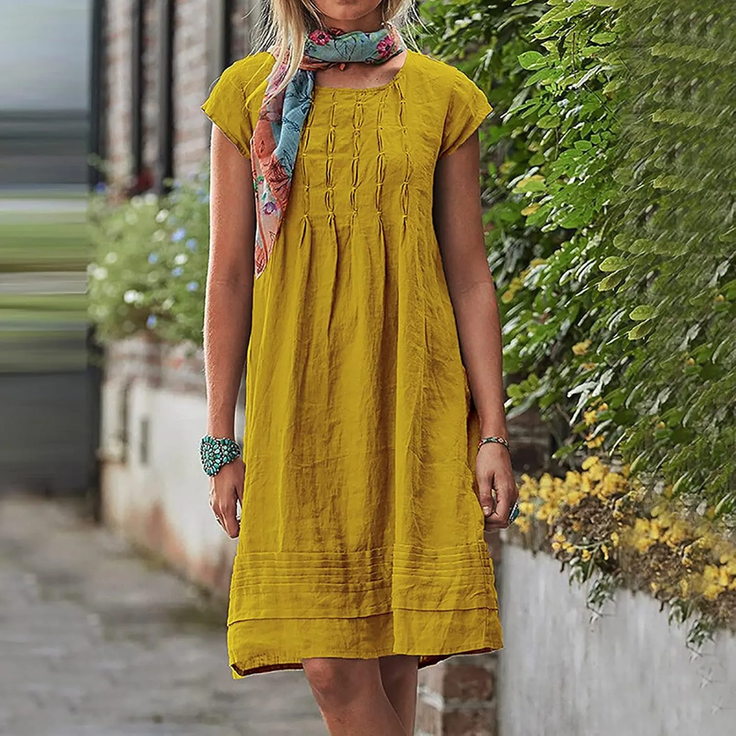 Cotton and Linen Dresses for Women Casual Summer 2023 Loose Cap Sleeve Square Neck Comfy Midi t-Shirt Sun Dress