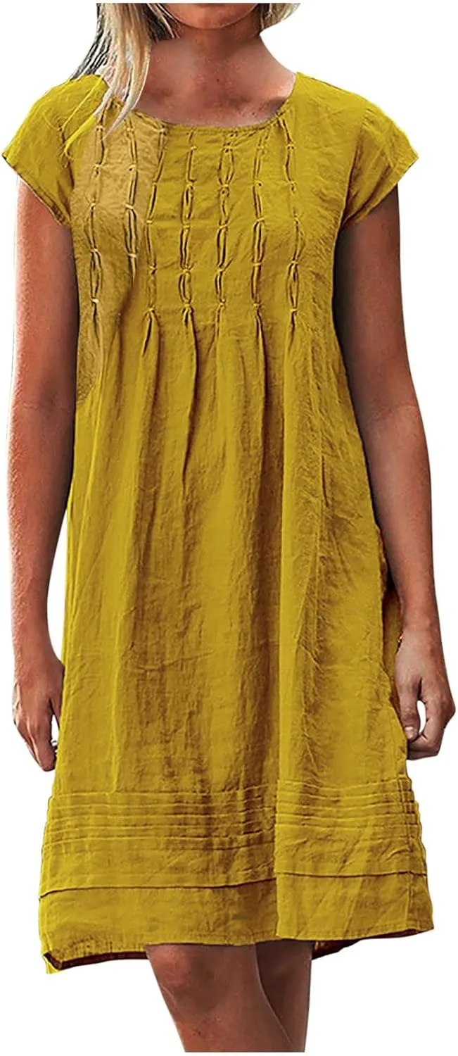 Cotton and Linen Dresses for Women Casual Summer 2023 Loose Cap Sleeve Square Neck Comfy Midi t-Shirt Sun Dress