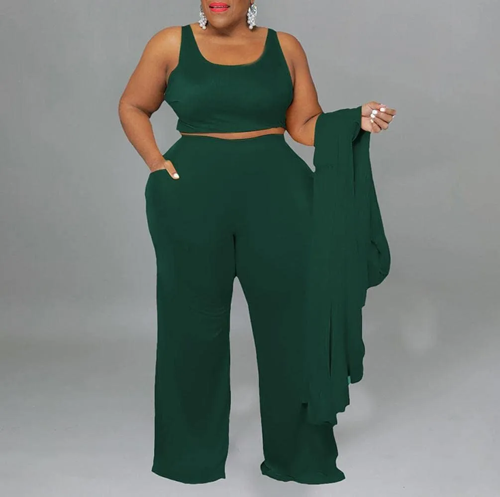 CROSTRITON Women 3 Piece Plus Size Suit Solid Long Sleeve Open Front Long Coat with Leg pants Loungewear