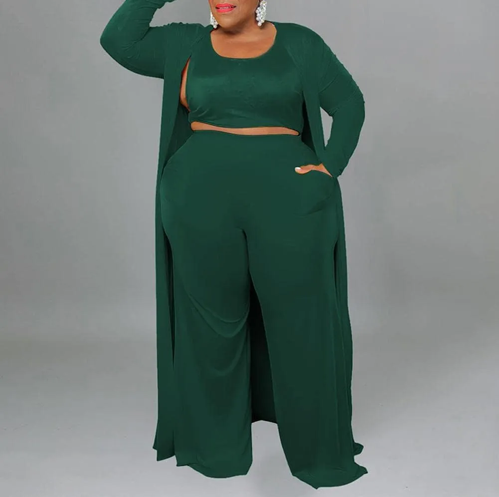 CROSTRITON Women 3 Piece Plus Size Suit Solid Long Sleeve Open Front Long Coat with Leg pants Loungewear