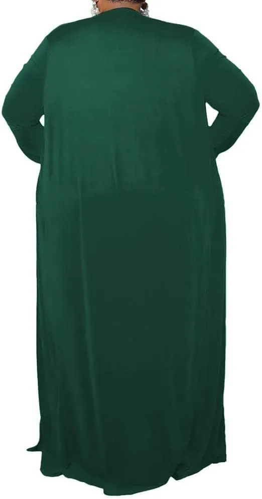 CROSTRITON Women 3 Piece Plus Size Suit Solid Long Sleeve Open Front Long Coat with Leg pants Loungewear