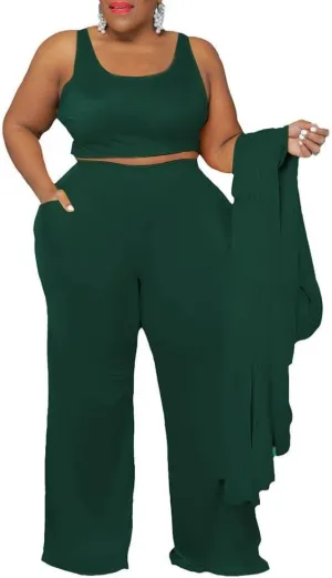 CROSTRITON Women 3 Piece Plus Size Suit Solid Long Sleeve Open Front Long Coat with Leg pants Loungewear