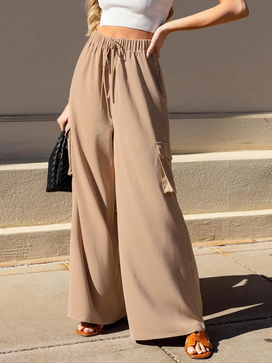 CUPSHE Women's Wide Leg Cargo Pants Elastic Waist High Rise Long Trousers with Pocket
