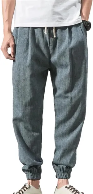 Dcvmvmn Men Cotton Linen Casual Harem Pants Man Summer Trousers Male Chinese Style Loose Pants Blue