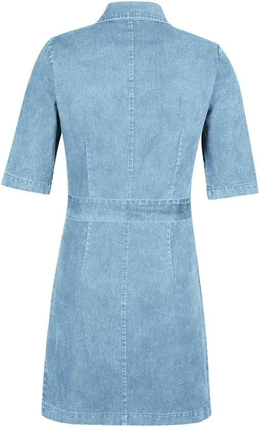 Denim Dress for Women Casual Denim Shirt Dress 2023 Short Sleeve Zip Up Tie Waist Jean Dresses Slim Fitted Casual Sexy