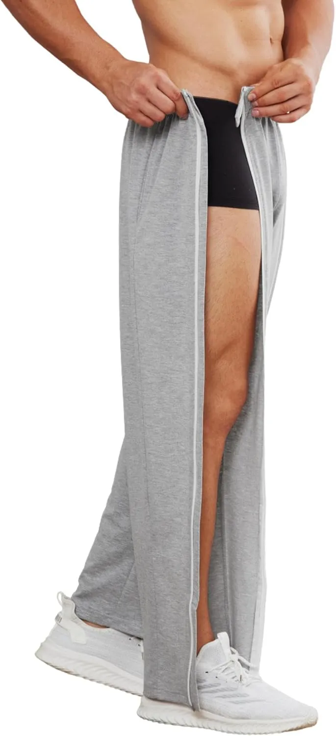 Deyeek Tear Away Pants for Men Full Zipper Legs Sweat Pants Mens Open Bottom Sweatpants Breakaway Cotton Post Surgery Pants