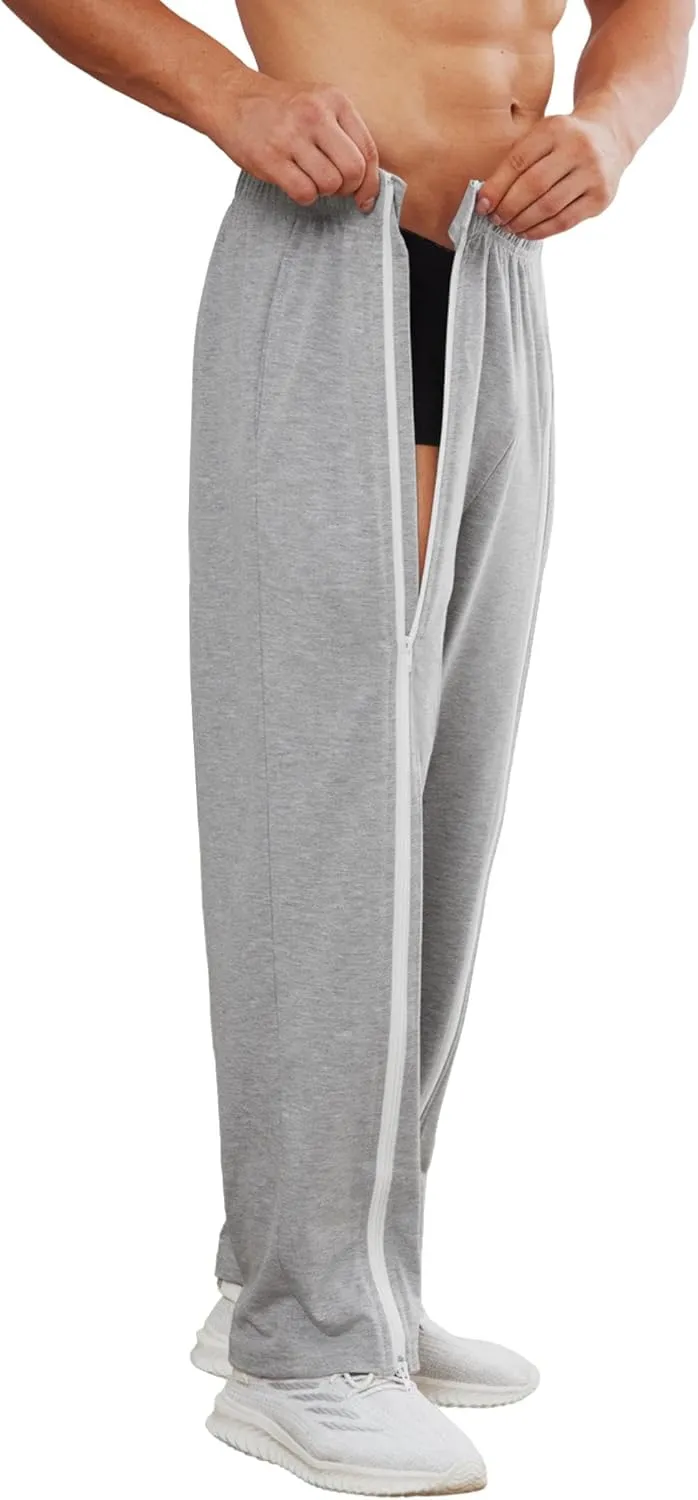 Deyeek Tear Away Pants for Men Full Zipper Legs Sweat Pants Mens Open Bottom Sweatpants Breakaway Cotton Post Surgery Pants