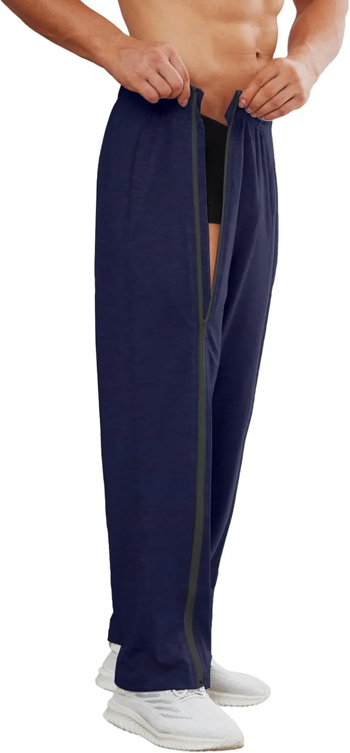 Deyeek Tear Away Pants for Men Full Zipper Legs Sweat Pants Mens Open Bottom Sweatpants Breakaway Cotton Post Surgery Pants