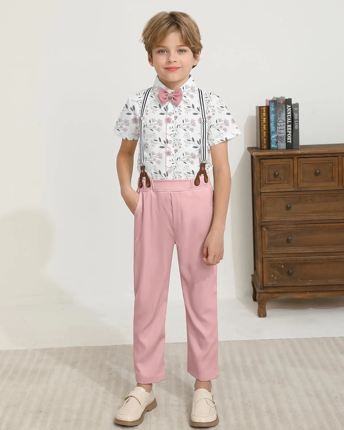 DISAUR Boys Suits 3 Pieces Formal Dress Shirt with Bowtie Suspender Pants Boy Gentleman Outfits Set 4-8 Years
