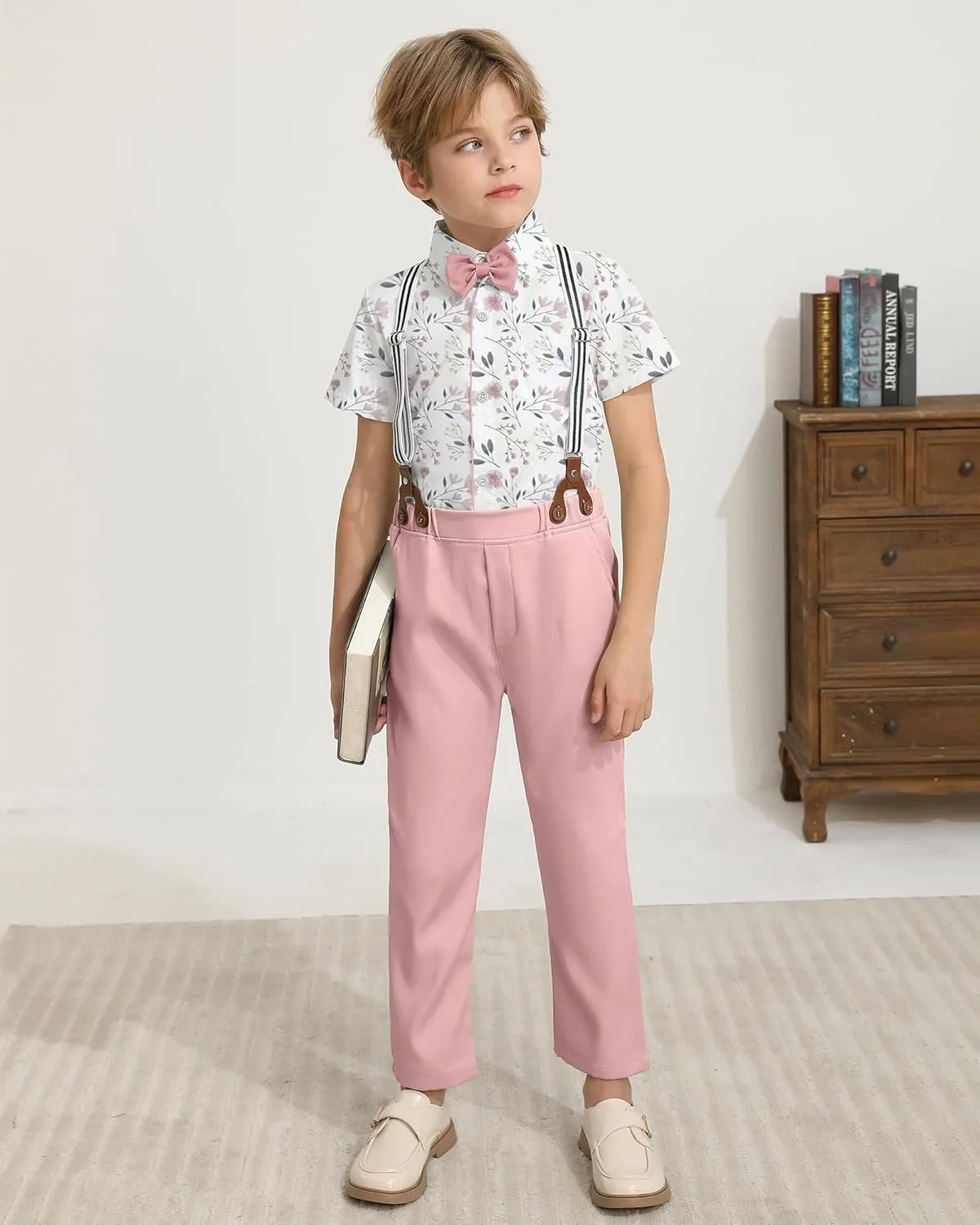DISAUR Boys Suits 3 Pieces Formal Dress Shirt with Bowtie Suspender Pants Boy Gentleman Outfits Set 4-8 Years