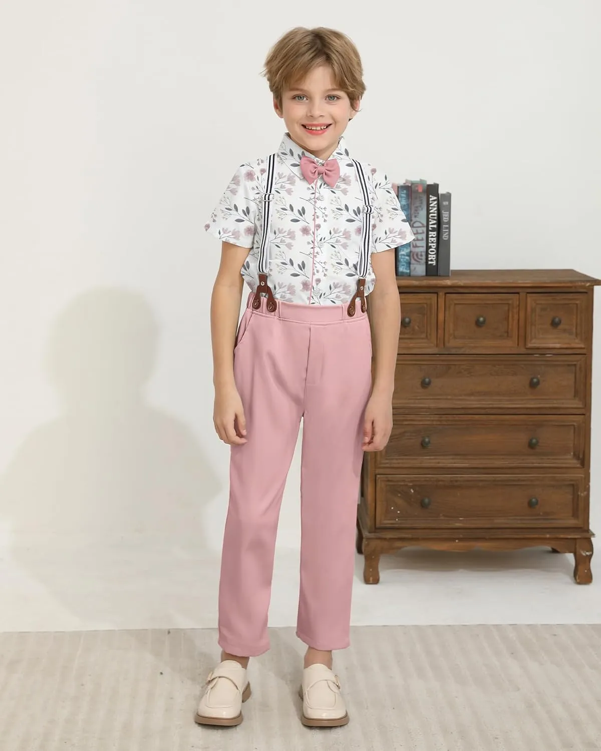 DISAUR Boys Suits 3 Pieces Formal Dress Shirt with Bowtie Suspender Pants Boy Gentleman Outfits Set 4-8 Years