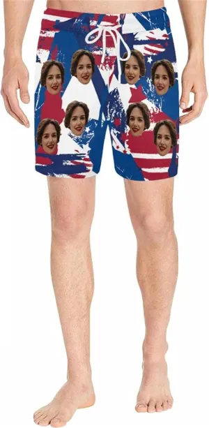 DIYKST Custom Face Men Mid-Length Swim Trunk Quick Dry Board short with Mesh Lining Inseam Bathing Suit Print American Flag