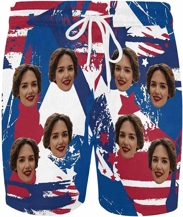 DIYKST Custom Face Men Mid-Length Swim Trunk Quick Dry Board short with Mesh Lining Inseam Bathing Suit Print American Flag