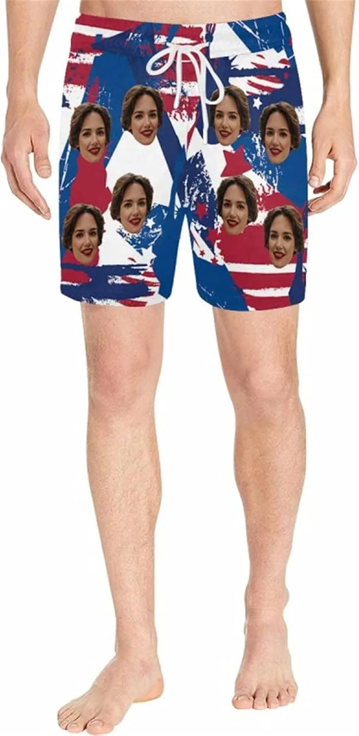 DIYKST Custom Face Men Mid-Length Swim Trunk Quick Dry Board short with Mesh Lining Inseam Bathing Suit Print American Flag