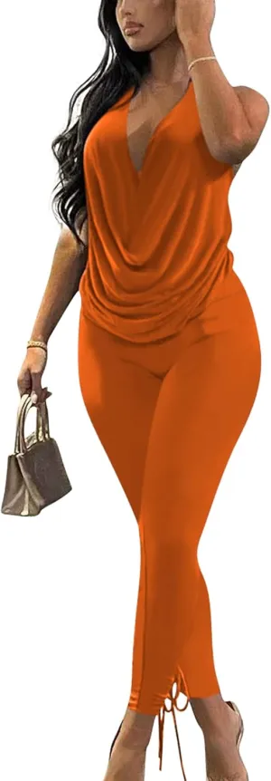 Doweha Women's Sexy Summer Two Piece Outfits Sleeveless Backless Deep V Neck Tank Tops And High Waisted Pants Matching Sets