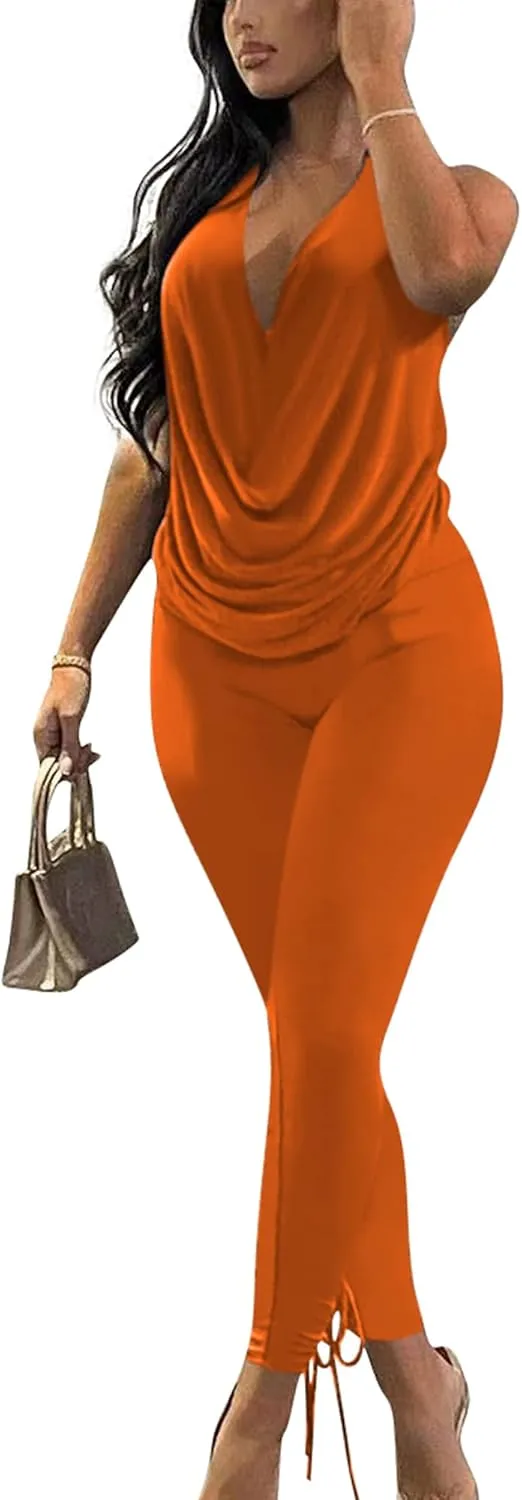 Doweha Women's Sexy Summer Two Piece Outfits Sleeveless Backless Deep V Neck Tank Tops And High Waisted Pants Matching Sets