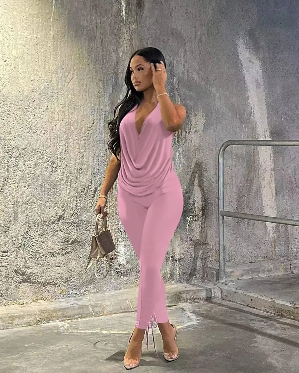 Doweha Women's Sexy Summer Two Piece Outfits Sleeveless Backless Deep V Neck Tank Tops And High Waisted Pants Matching Sets