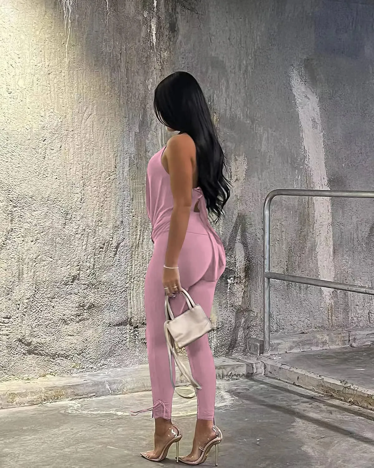 Doweha Women's Sexy Summer Two Piece Outfits Sleeveless Backless Deep V Neck Tank Tops And High Waisted Pants Matching Sets