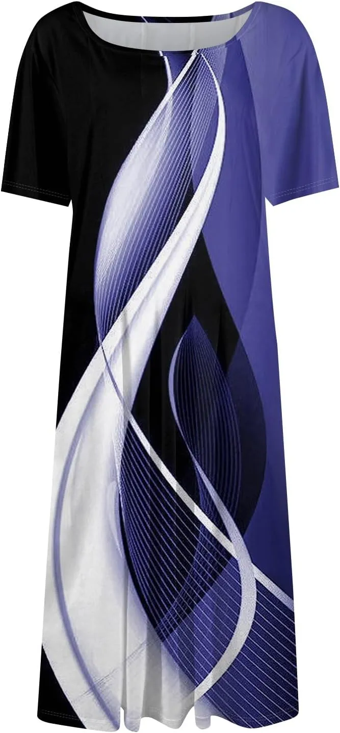 Dresses for Women 2025 Short Sleeve Round Neck Church Dress Pleated Knee Length Dress with Pockets Curvy Dress