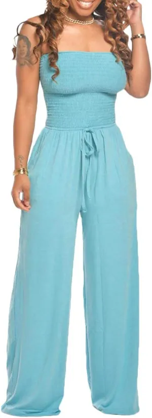 ECDAHICC Women's Strapless Tube Top Rompers Casual Off Shoulder Solid Color Belted Wide Leg Jumpsuit with Pockets