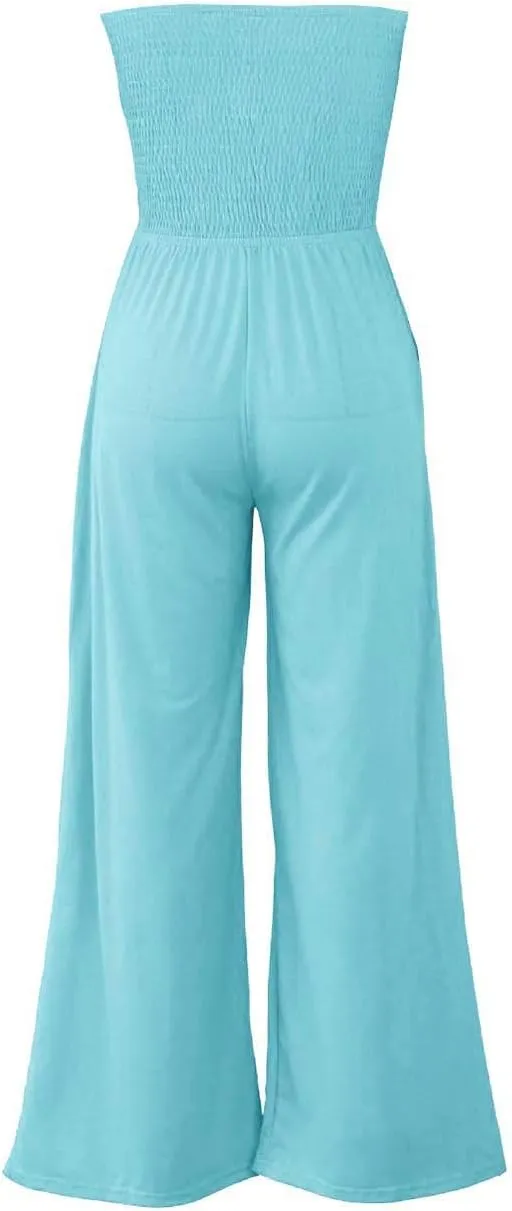 ECDAHICC Women's Strapless Tube Top Rompers Casual Off Shoulder Solid Color Belted Wide Leg Jumpsuit with Pockets