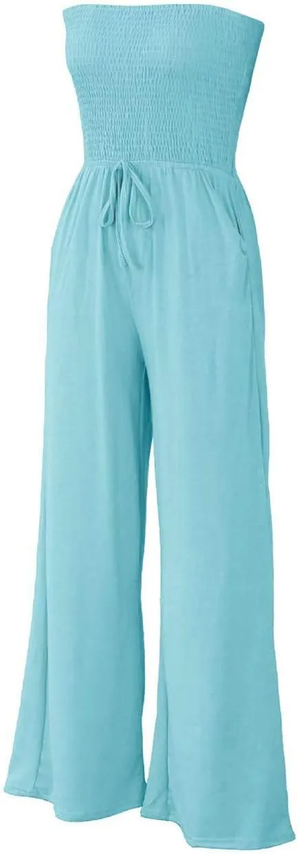 ECDAHICC Women's Strapless Tube Top Rompers Casual Off Shoulder Solid Color Belted Wide Leg Jumpsuit with Pockets